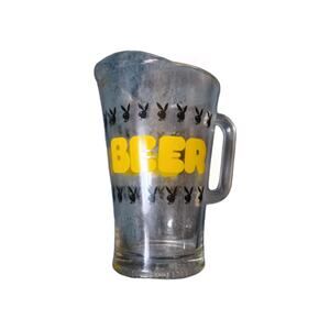 Playboy Beer Pitcher Yellow & Black w/ Bunny Logos Clear Glass About 12" Tall